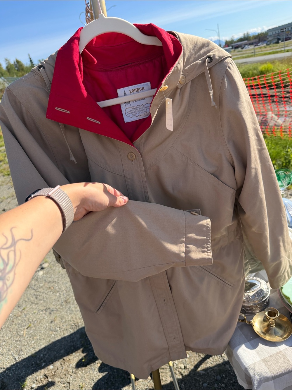 London Fog Tan Trench Coat with Red Liner